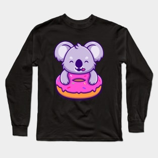 Cute Koala Holding Doughnut Cartoon Long Sleeve T-Shirt